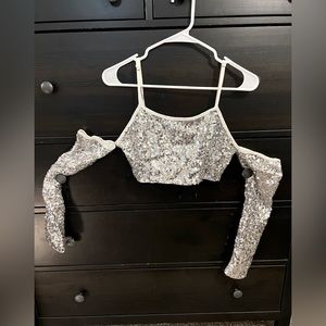 Forever 21 Silver Sequin Cropped Cold Shoulder Tank Top M